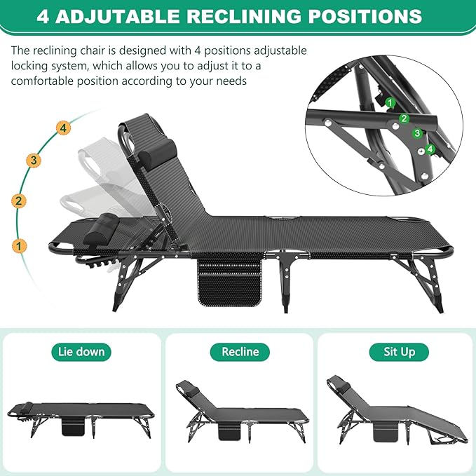 Barbella Folding Camping Cots Patio Lounge Chair with Mattress 4 Position Adjustable Folding Sleeping Bed Patio Chaise Lounge Chairs for Sunbathing Camping Pool Beach Patio