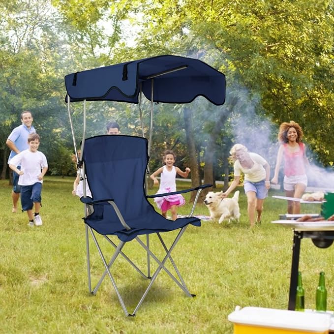 Moclever Folding Canopy Camp Chair – Heavy Duty Sun Protection Beach Chair with Cup Holder Portable Lawn Chair for Outdoor Camping Park Patio (Navy Blue)