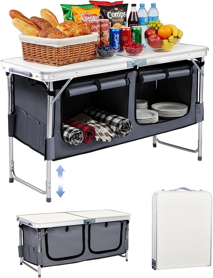 Outvita Folding Table 4FT Aluminum Camping Table with Large Storage Space and Adjustable Height Picnic Table Lightweight for Carring Outdoor Party Events Beach