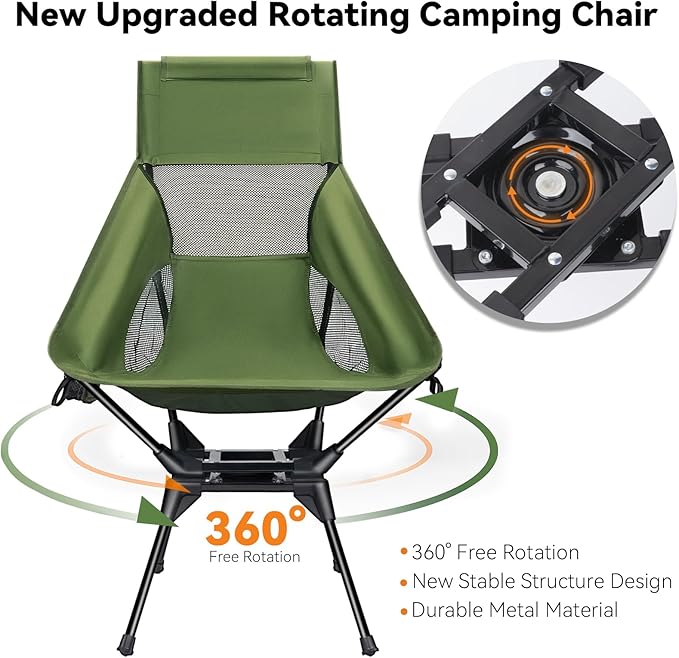 Upgraded 360° Swivel Camping Chair for Adults Portable Folding Chair with Cup Holder Lightweight Compact Backpack Outdoor Chair for Travel Fishing Hiking and Beach