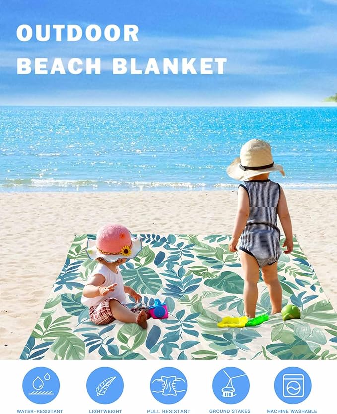 Summer Tropical Plant Beach Blanket Waterproof Sandproof Green Blue Leaf Pastoral Style Beach Mat Quick Drying Outdoor Picnic Mat 108 x 84 for 1-6 Adults Essentials for Travel Camping Hiking