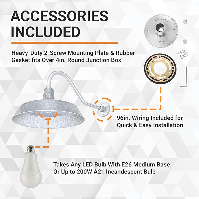 17in. Galvanized Finish Outdoor Gooseneck Barn Light Fixture with 22in. Long Extension Arm - Wall Sconce Farmhouse Vintage Antique Style - UL Listed - 9W 900lm A19 LED Bulb (5000K Cool White)