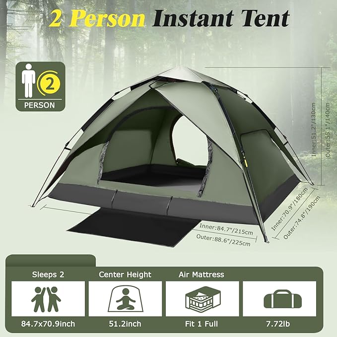 2-3 Person Camping Tent Instant Pop Up Tents for Camping - 40s Automatic Easy Setup Tent with Rainfly Double-Layer 3500mm Waterproof &amp Windproof Instant Tents for Hiking Backpacking