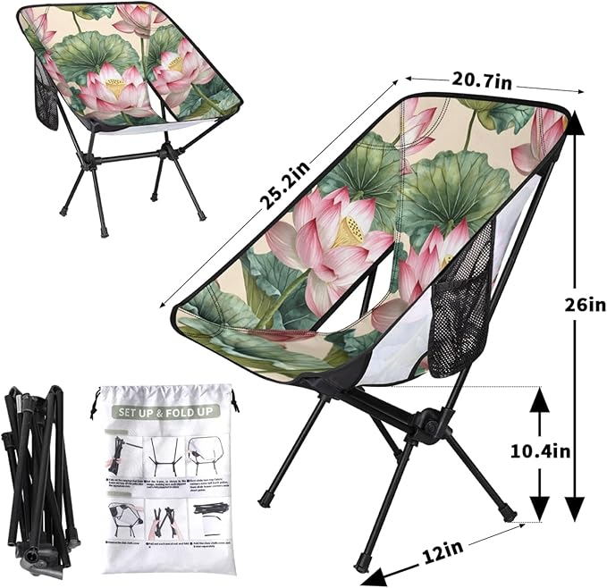 Honeybaby Folding Camping Chair Pond Flowers Camping Chairs Lightweight Portable Chair Outdoor Foldable Chairs for Camping Travel Picnic Beach Hiking