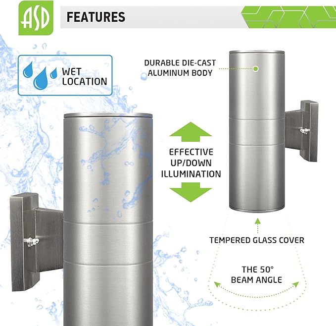 ASD LED Up Down Lights Outdoor Cylinder Wall Light 18W (120W Equiv) 1500Lm 5000K Daylight 120V Patio Wall Light Fixture Wet Rated Stainless Steel Wall Sconce ETL &amp Energy Star 2-Pack