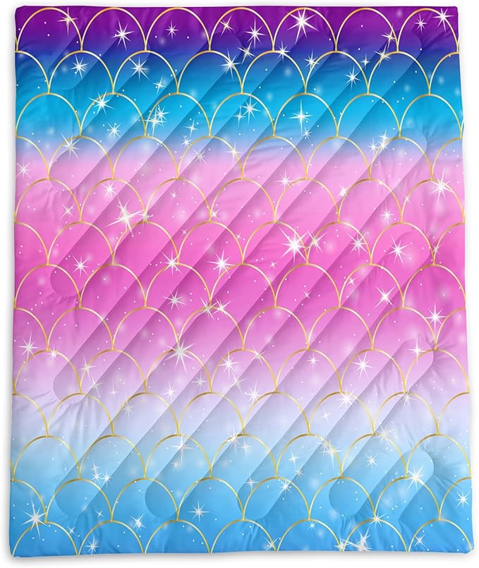 Axolotl Mermaid Scales Outdoor Puffy Camping BlanketRainbow Portable Outdoor BlanketGlitter Starry Lightweight Camping BlanketSparkly Waterproof Backpacking for Traveling PicnicBluePink