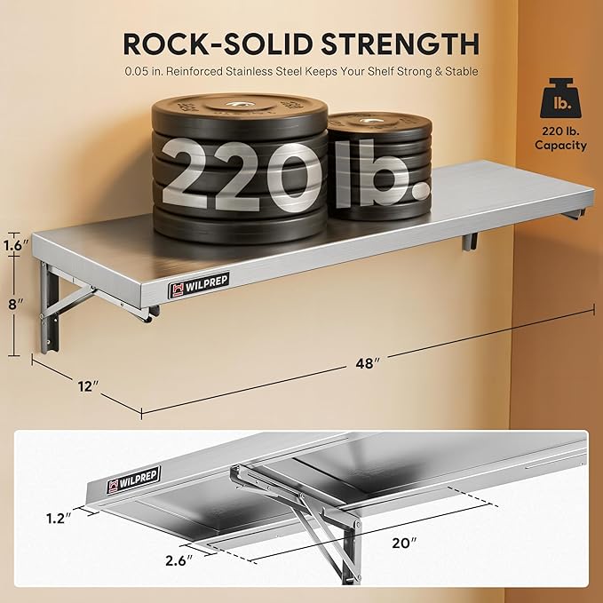 Wilprep Stainless Steel Shelf 12x 48 Folding Shelf Commercial Shelf for Kitchen Wall 220lb Metal Foldable Storage Shelf with &amp Support Brackets for Restaurant Kitchen Laundry Room Garage