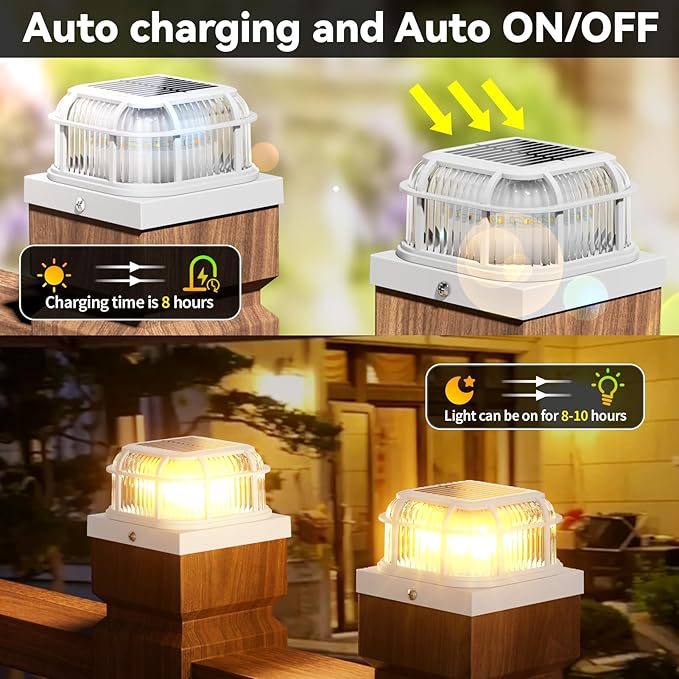 Solar Post Light 6 Packs with 4x4 5x5 and 6x6 Inches Base for Vinyl/Wooden Posts Bright 16 LEDs Solar Cap Lights with Two Light Modes for Decorating Deck Patio Porch Fence (White)