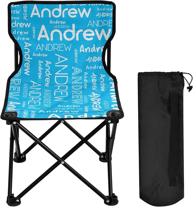 Sinestour Sky Blue Custom Folding Camping Chair for Teen Child Personalized Name 14.6×14.6in Portable Outdoor Chair with Carry Bag for Beach Picnic Travel