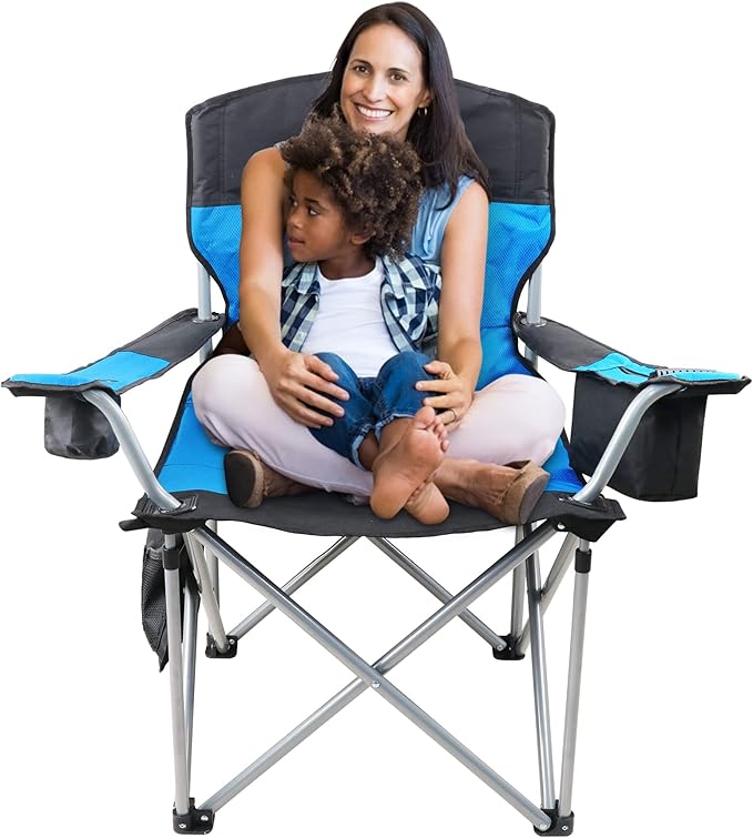 Oversized Camping Chairs for Adults Heavy Duty 500lbs Heavy Duty Beach Chairs for Adults Folding Chair with Cooler Bag &amp Cup Holder Side Pocket Blue &amp Black