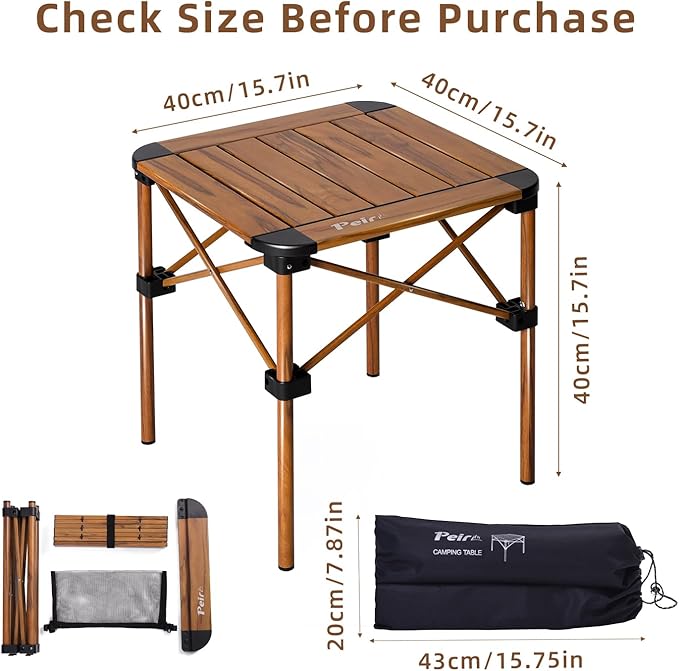 Folding Camping Table Portable Lightweight Aluminum Camp Table Roll Up Top with Storage Net for Outdoor Camping Picnic Backyards BBQ(Woodgrain 15.8 x 15.8 x 15.8in)