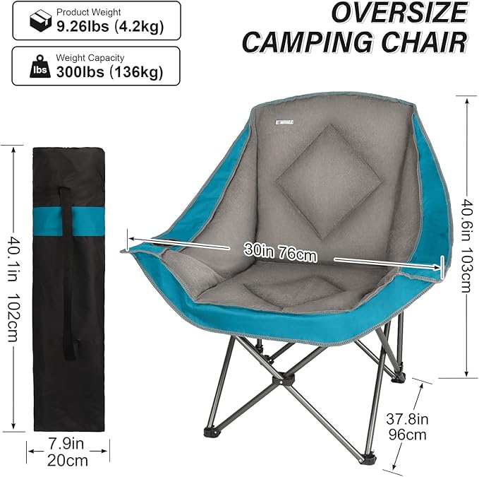 CAMPHILL Folding Camping ChairOversized Portable Camping Chair with Cup HolderHeavy Duty Padded Lawn Chair for CampingTailgatesBeachand SportsLake Blue