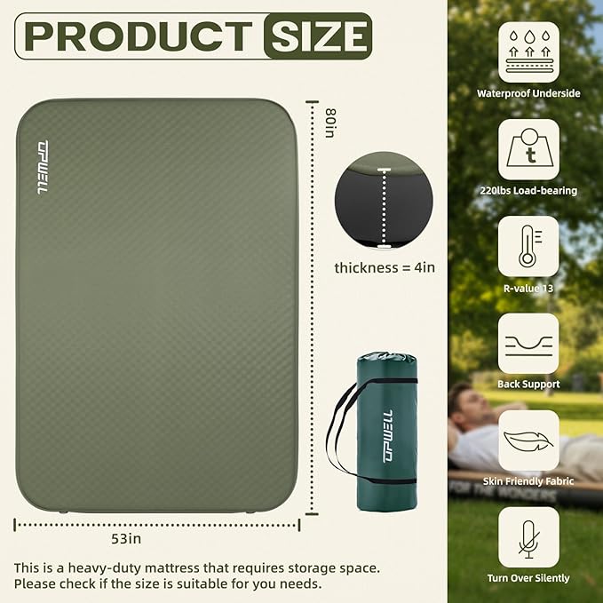 UPWELL Self Inflating Sleeping Pad 4.5 Thickness Camping Mattress with Solid Foam Double Sleeping Mat Portable Fast Inflation for Outdoor Mat Portable Roll Upwith air Pump