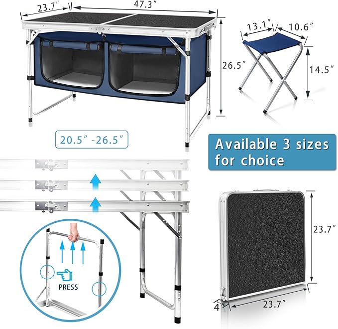 Folding Camping Table with Storage Compartment Aluminum Lightweight Camp Kitchen Table Height Adjustable Indoor/Outdoor Table Perfect for Tailgating Backyards BBQ Picnic (Black-Wide W/Stool)