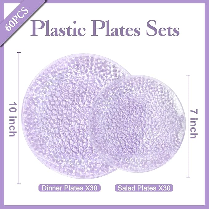 Rubtlamp 60PCS Purple Plastic Plates Purple Disposable Party Plates Heavy Duty Plastic With Hammered Fancy Disposable Platos Include 30 Dinner Plate 30 Cake Plate For Parties Wedding