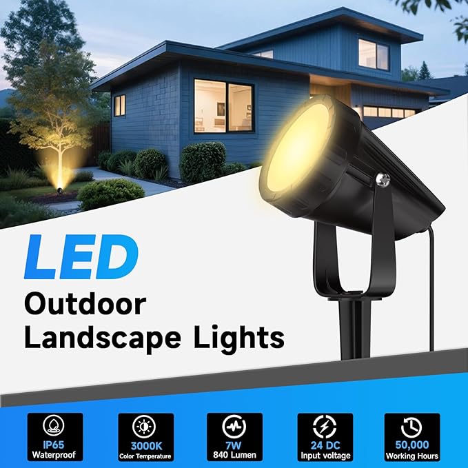 Outdoor Landscape Lighting Low Voltage 29.5FT Wired LED Spot Light with Plug-in Transformer IP65 Waterproof Outside Uplight 7W 840LM for Yard Garden Tree Pathway House Warm Yellow 3000K Pack of 4
