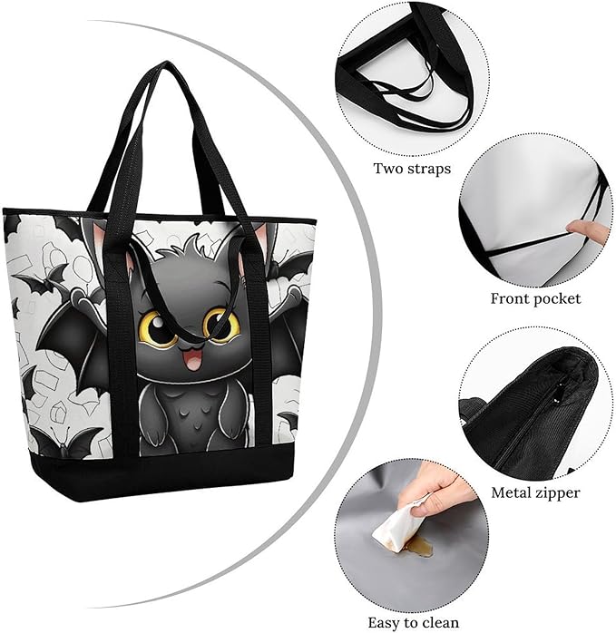 Insulated Shopping BagLarge Reusable Cooler Bags Cute Bat Printed Foldable Shopping BagTravel Waterproof Shoulder Bag