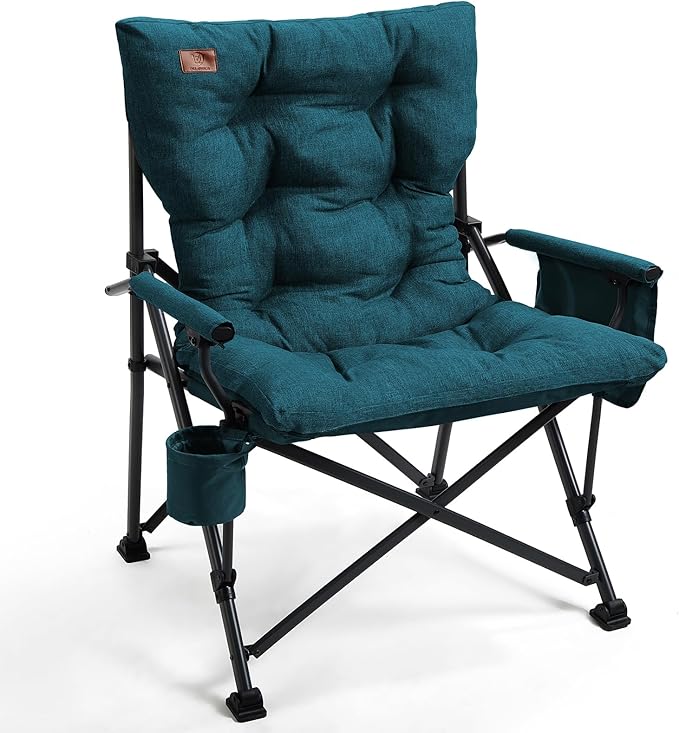 EVER ADVANCED Padded Oversized Folding Camping Chair for Adults Heavy Duty Lawn Chair with Side Pockets Portable Collapsible Quad Chair for Outside Support Up to 500lbs Green