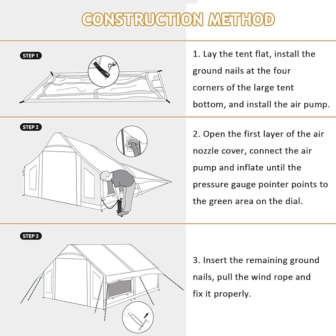 Inflatable Tent with Pump 6-10 Person Instant Glamping Camping Tents House Easy Setup Blow Up Family Tents for 4 Seasons Waterproof Inflatable Tent for Camping