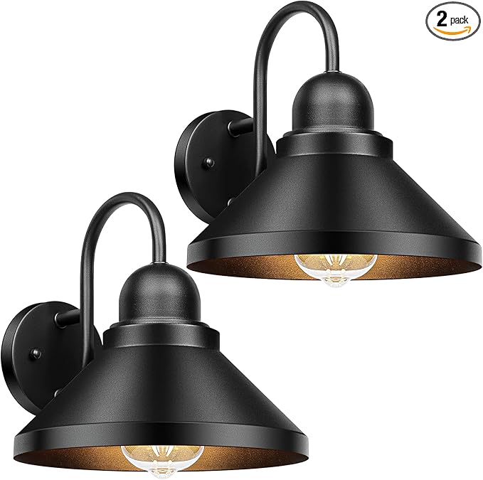 Brightever Gooseneck Outdoor Wall Sconces 2-Pack Large 10.23IN Farmhouse Barn Lights for Porch Industrial Black Exterior Wall Lights for Garage Patio E26 Base Anti-Rust Bulb not Included