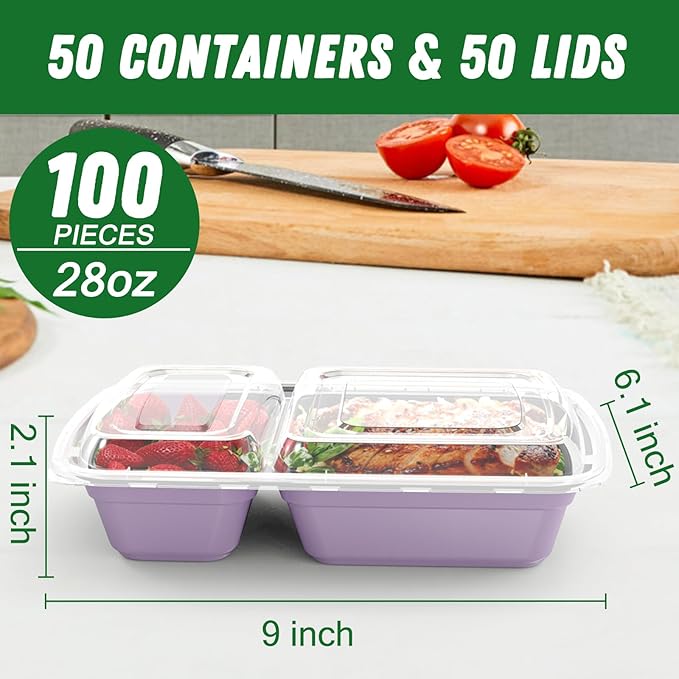 50 Pack (100-Piece) 28 oz Meal Prep Containers Reusable with Lids 2-Compartment Sturdy Leakproof Food Safe Microwave Freezer Dishwasher Safe To Go Take Out Plastic Food Storage Lilac