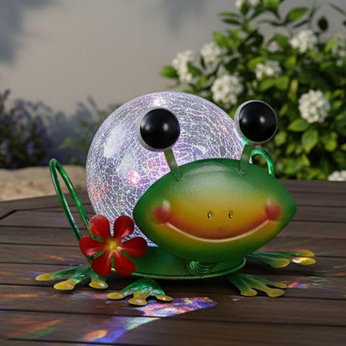 Solar Lights Outdoor Frog Garden Decor with Crackle Glass Globe Lights - Cute Metal Frog Decor for Yard Lawn Patio Porch Pathway Tabletop Housewarming Gifts for Mom Women