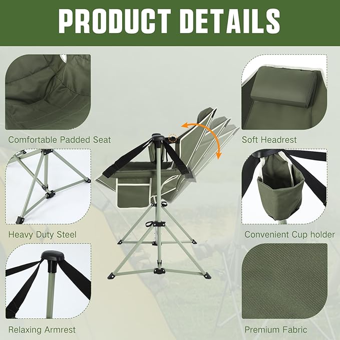 2 Pcs Hammock Camping Chair with Adjustable Backrest Heavy Duty Folding Swinging Chair Supports 300lbs Portable for Camping Travelling and Patio Green