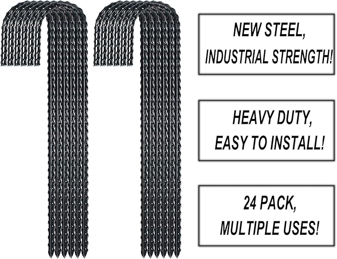 12 Inch Rebar Stakes Heavy Duty J Hook Coated Steel Ground Stakes Tent Stakes Ground Anchors for Chain Link Fence Stakes and Trampoline Stakes (24)
