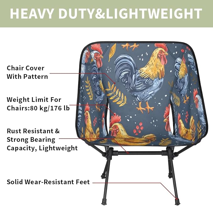 Cute Funny Chicken Portable Camping Chair Lightweight Folding Backpacking Chair Compact Foldable Beach Seat with Carry Bag for Outdoor Hiking Fishing Travel