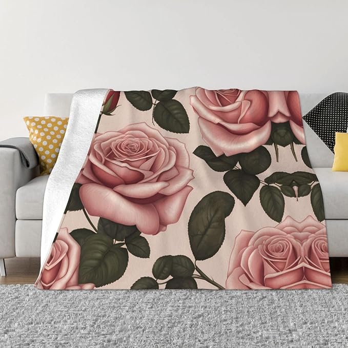 Pink Roses 60x50 Printed Soft Fleece Blanket for Sofa Bed and Camping - Cozy Blanket for Travel Picnics Nighttime Use