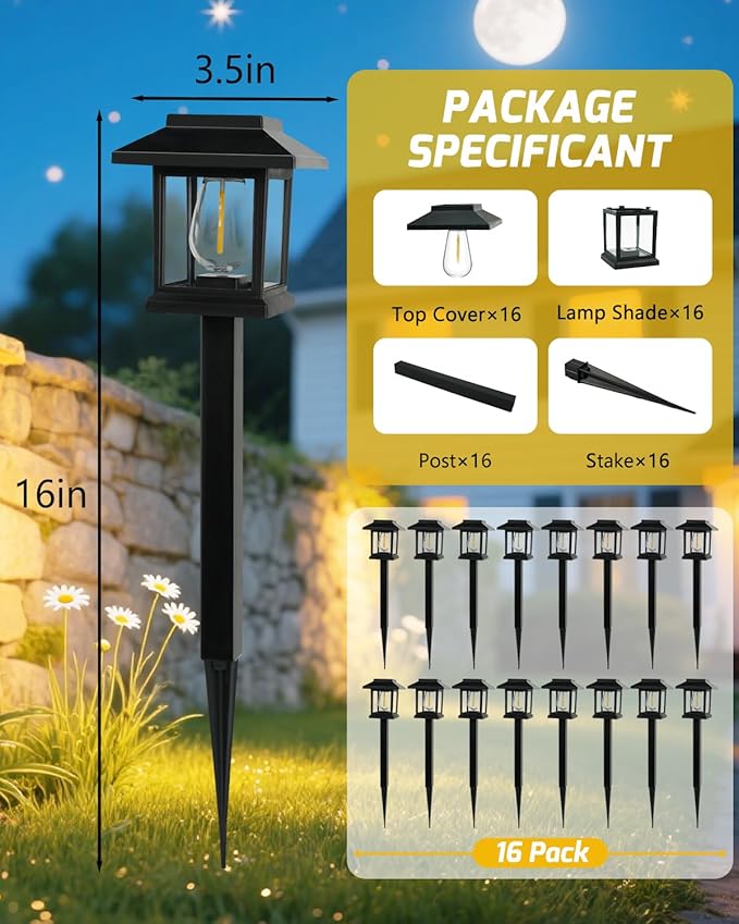 16-Pack Solar Lights Outdoor (Extra-Bright &amp Smart Auto On/Off) Solar Powered Garden Lights Waterproof Solar Pathway Lights for Landscape Path Yard Patio Driveway Walkway Decor (Cool White)