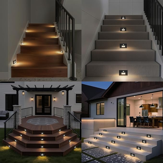 Motion Sensor Stair Lights Indoor Outdoor 5CCT Dimmable LED Step Lamp with Switch 4W 300LM 2700K-6500K IP66 Waterproof Hardwired 120V Stairway Staircase Walkway Lighting- Black 12 Pack ETL