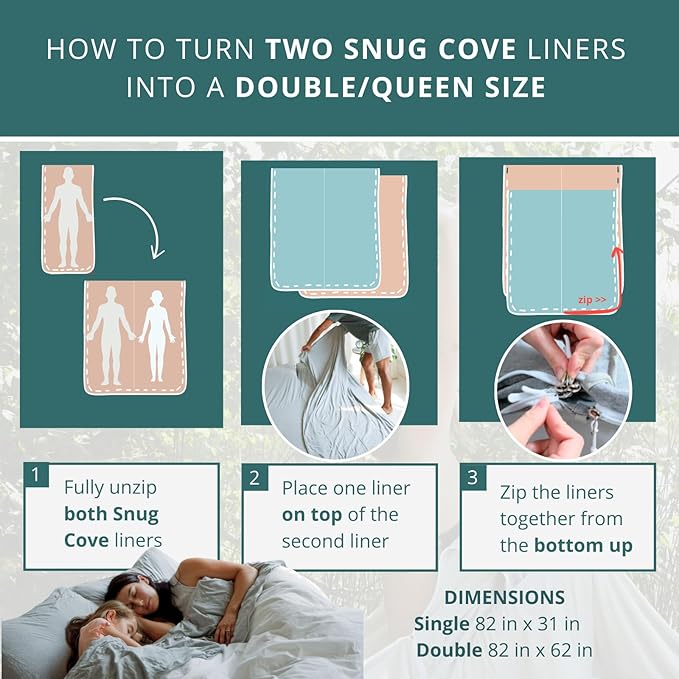 Soft Cotton Sleeping Bag Liner – 100% Organic Jersey Cotton Travel Sheet with Full Zipper Lightweight Camping Sheet for Hotel &amp Travel Single or Double Convertible Stretchy Sleep Sack for Adults
