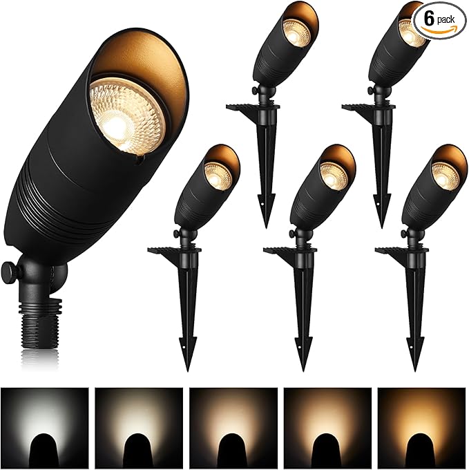 Low Voltage Landscape Spotlights Outdoor Tree Lights Wired LED 7W 5CCT Uplighting Outdoor 12V Landscape Spot Lights for Tree Wall Flag House Aluminum Black ETL Pack of 6