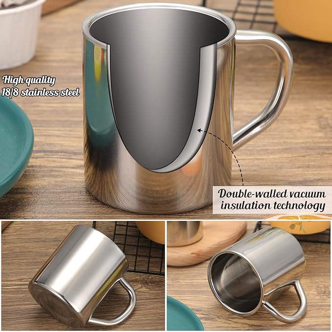 Cunhill 4 Set Small Stainless Steel Coffee Mug 7.5oz/220ml Metal Double Walled Cups Camping Mug with Handle Dishwasher Safe Tea Cups for Camping Travel Outdoors Rv Keep Drinks Hot