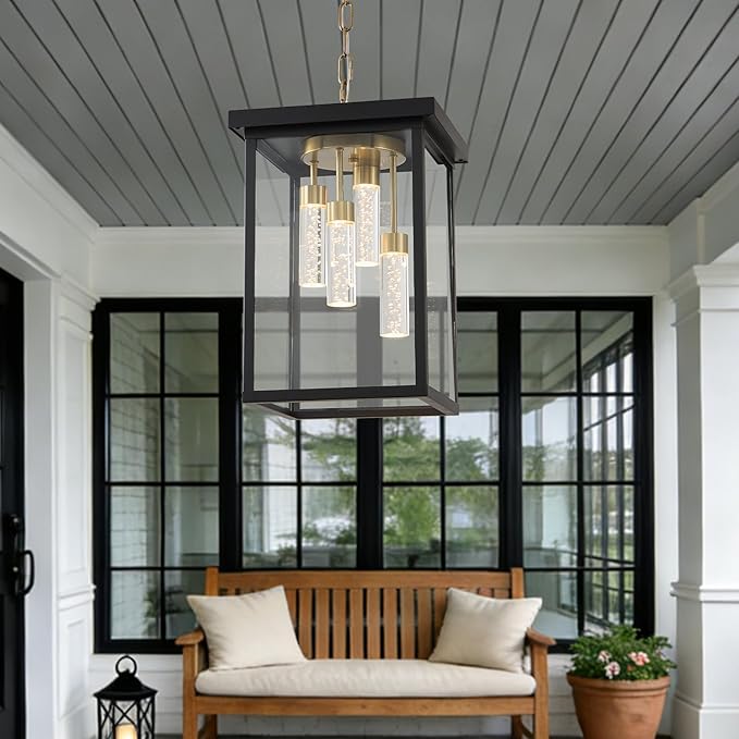 LOUSACE Modern LED Outdoor Pendant Light Black &amp Brass 4 Lights Large Exterior Hanging Light Fixtures 5CCT Dimmable LED Outdoor Chandelier Pendant Lantern with Clear Glass for Front Porch Entranc