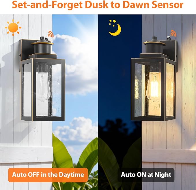 BesLowe 2-Pack Dusk to Dawn Outdoor Wall Lights Modern Porch Lights Outdoor Sconces with Seeded Glass Exterior Lighting Fixtures Outside Lights for House Front Door Garage Black with Gold Trim