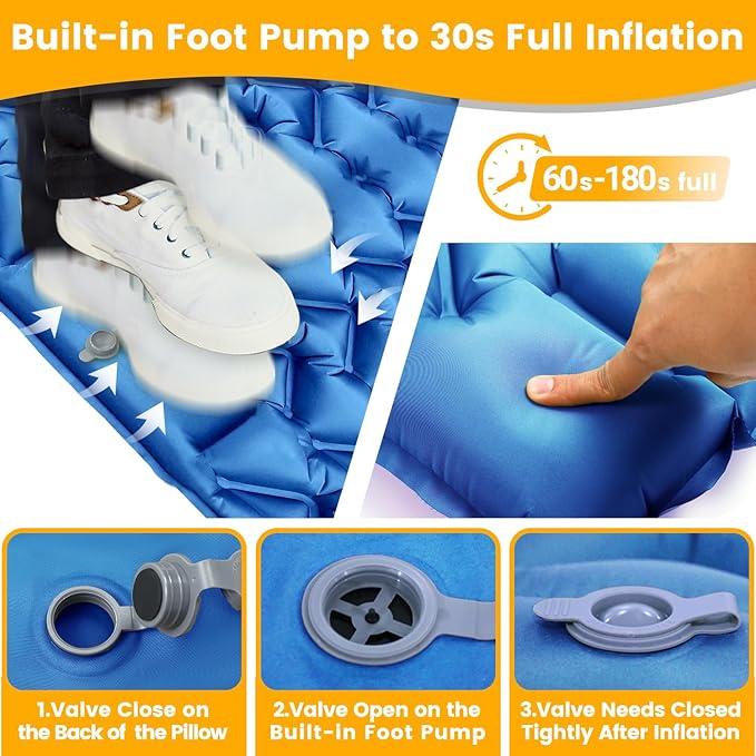 Sleeping Pad for Camping 2 Person Double Camping Pad with Built-in Foot Pump and Pillow Inflatable 4in Extra-Thick Ultralight Air Mattress for Backpacking Hiking Travel Tent Car Gift