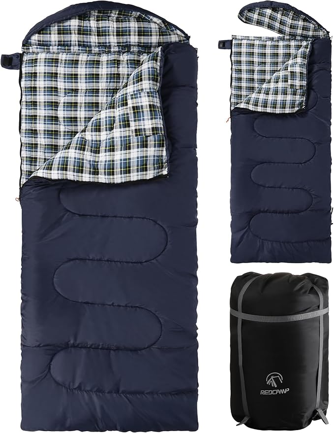 REDCAMP Flannel Sleeping Bag for Adults Comfortable Cotton Sleeping Bags for Camping with Detachable Hood Red/Grey/Blue/Black