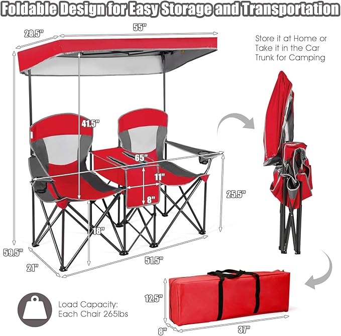 S AFSTAR Double Camping Chair w/Shade Canopy 2-Person Folding Camp and Beach Chair with Mini Table Beverage Cup Holder Carrying Bag Collapsible Camping Chairs for Garden Patio Pool Beach