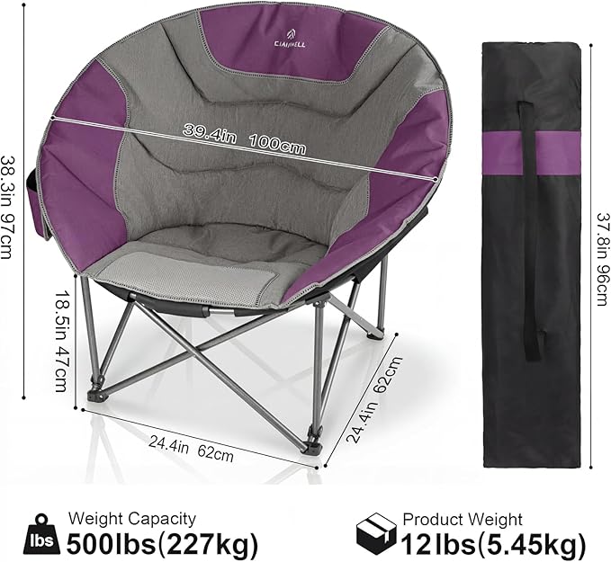 Oversized Camping Moon ChairsFolding Round Padded Sofa Chair for AdultsOutdoor Lawn Chairs w/Side PocketPerfect for IndoorFamily CampingPicnics and GardenPurple&ampGrey