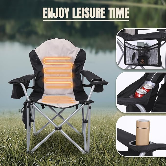 Heated Outdoor Chairs Heated Camp Chair Camping Chairs Heated Folding Chair with Removable Cushion Battery Pack Fully Padded for Outdoor Comfort with Cup Holder (1-Pack)