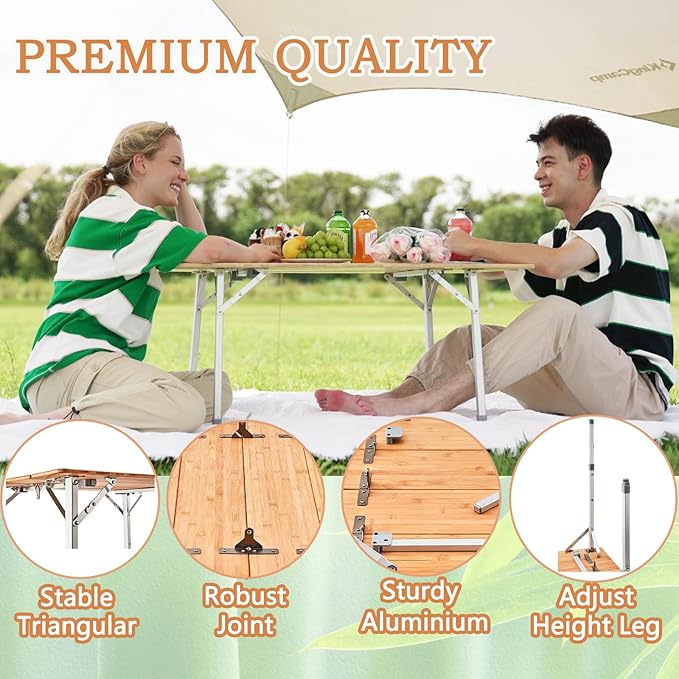 KingCamp Bamboo Camping Table Folding Table with Adjustable Height Aluminum Legs Heavy Duty 176lbs 4-Fold Portable Foldable Camp Tables for Travel Picnic 4-5 People