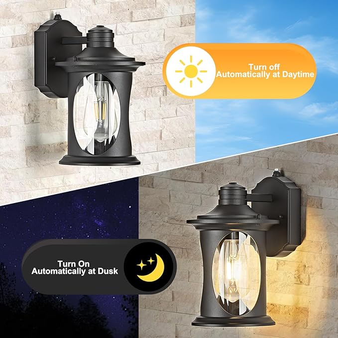 OKELI 2-Pack Dusk to Dawn Outdoor Wall Lights Black Exterior Lighting Fixture Wall Sconces with E26 &amp Tempered Glass Rust Resistant Outside Lantern Lights Wall Mounted for Porch