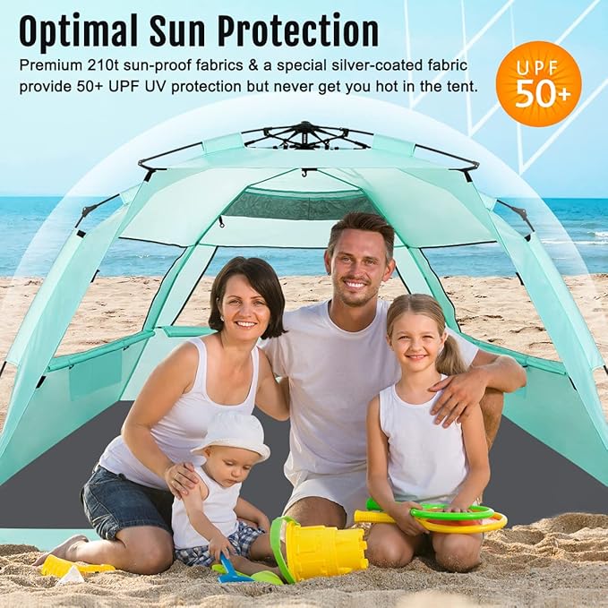 WhiteFang Deluxe Pop Up Beach Tent Sun Shade Shelter for 3-4/5-6 Person UV Protection Extendable Floor with 3 Ventilating Windows Plus Carrying Bag Stakes and Guy Lines