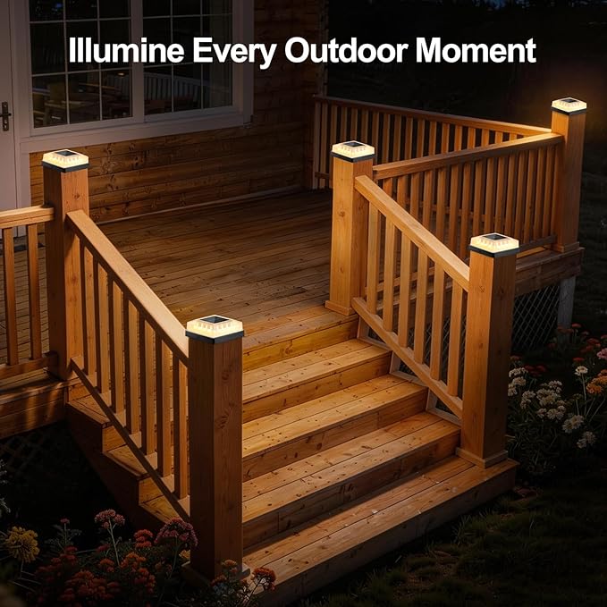 Brightever Solar Post Cap Lights Outdoor 6-Pack Solar Fence Post Lights with 3 Lighting Modes Fits 4x4 Vinyl/Wood Posts Black Solar Powered Waterproof Deck Post Lights for Garden Patio Porch