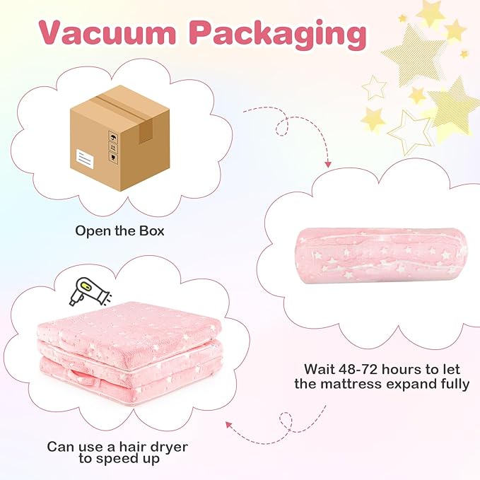 Costzon Foldable Pink Floor Mattress for Kids Glow in The Dark Toddler Floor Nap Mat w/Flannel Cover Tri-Folding Children Floor Bed for Sleeping Daycare Playroom School Kindergarten or Nursery