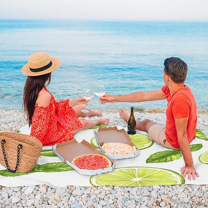 Waterproof Sandproof Beach Blanket 59''×68'' Mint Lemon Polyester Outdoor Picnic Blanket with 4 Stakes &amp Storage Bag for BeachCampingVacation White