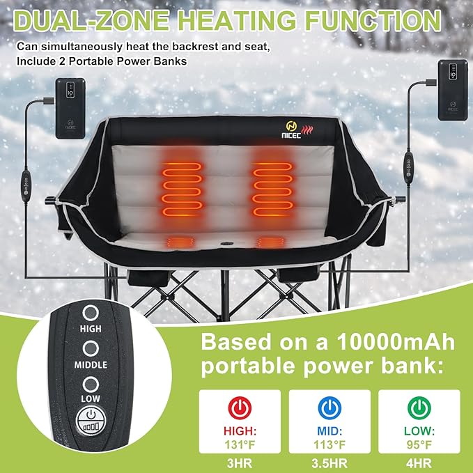 Nice C Heated Camping Chair with Battery Outdoor Heated Folding Chairs Double Padded Camping Chair for Adults Camping Couch with Cooler Bag 2 Power Banks Included (Black&ampGrey)
