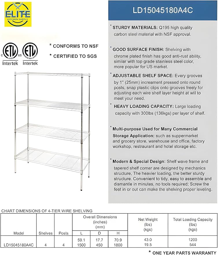 Commercial Chrome Wire Shelving Rack All Stainless-steel Heavy Duty 4 Tier Wire Shelf W60xD18xH71 for Storage ETL